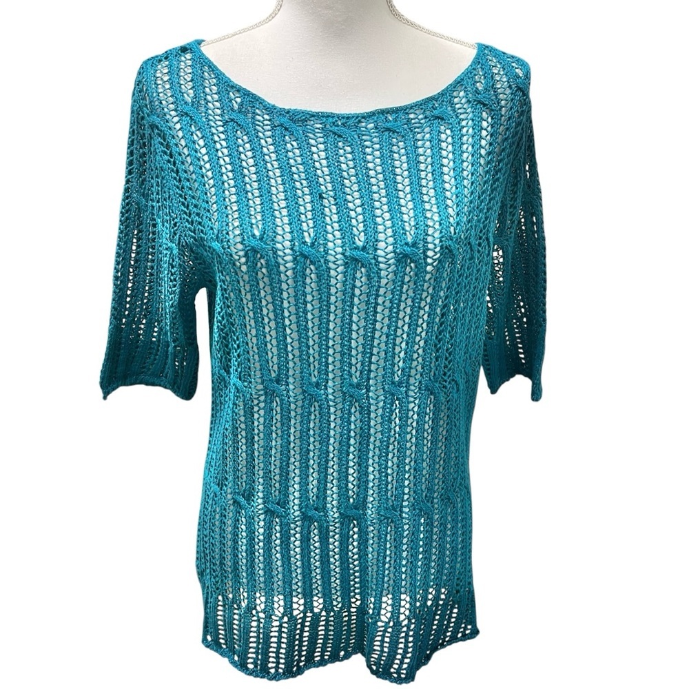 Sundance Linen Open Stitch Crochet Teal Green Short Sleeve Summer Sweater Size M